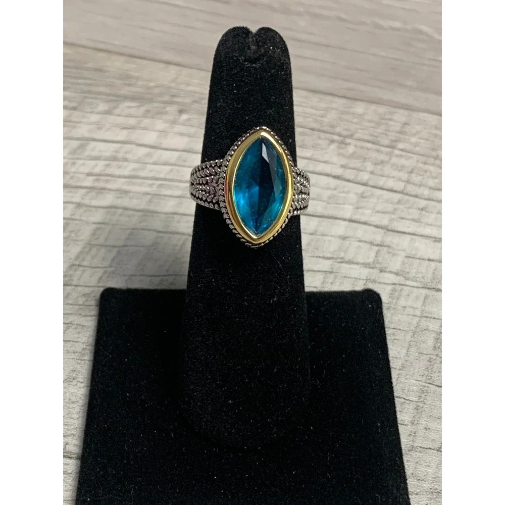 Blue Marquise Stone Mixed Metal Textured Band Statement Ring Size 6.25